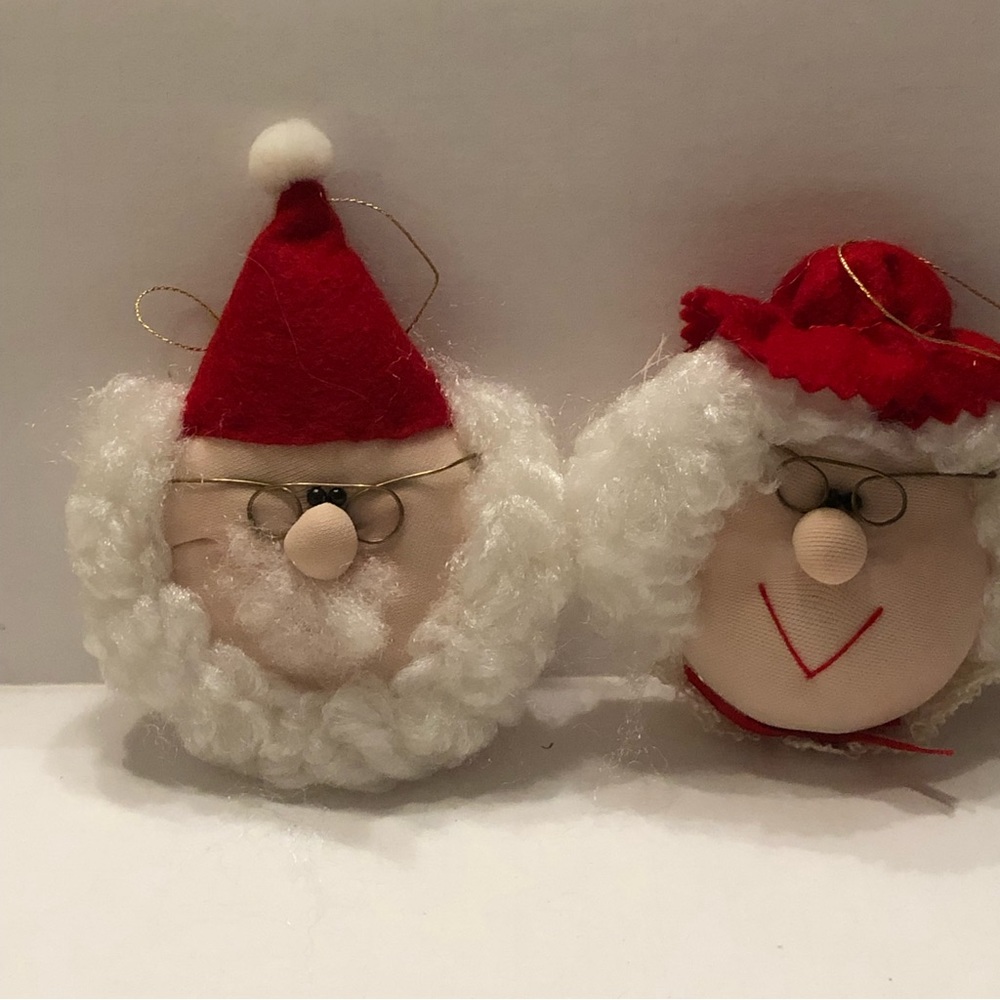 Vintage hand made Santa and Mrs Claus fabric Christmas Ornaments